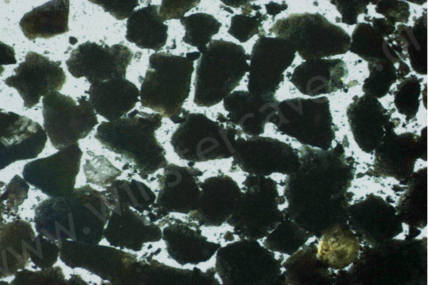 Microsope image of course particles of volcanic ash from , Iceland